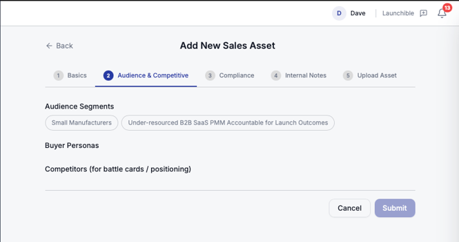 Launchible Sales Assets Hub showing the linkage of an audience segment to a sales asset