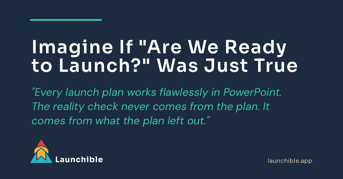 Launch readiness reality check — team around a conference table with a go/no-go checklist, launch outcome unknown