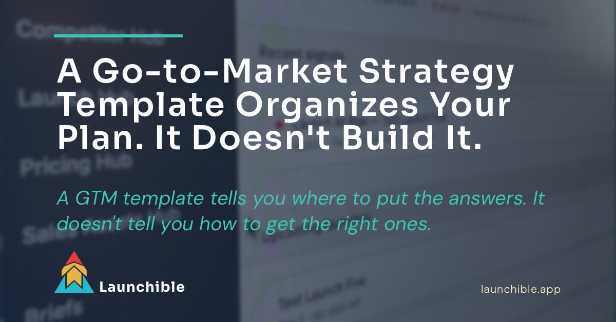 Go-to-market strategy template with strategic questions section visible above standard GTM plan sections